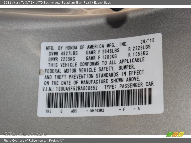 Paladium Silver Pearl / Ebony Black 2011 Acura TL 3.7 SH-AWD Technology