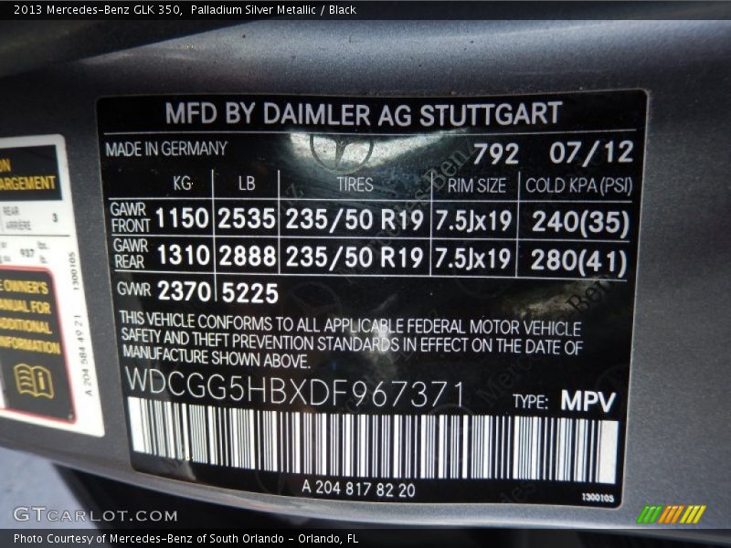 Palladium Silver Metallic / Black 2013 Mercedes-Benz GLK 350