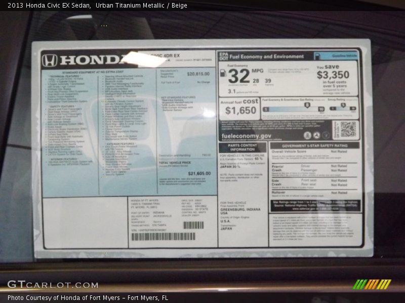 Urban Titanium Metallic / Beige 2013 Honda Civic EX Sedan