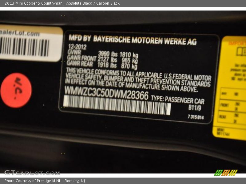 Absolute Black / Carbon Black 2013 Mini Cooper S Countryman