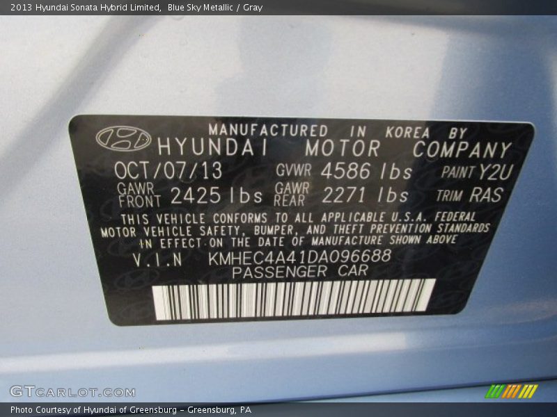 Blue Sky Metallic / Gray 2013 Hyundai Sonata Hybrid Limited
