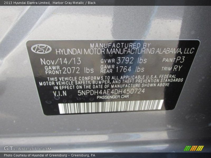 Harbor Gray Metallic / Black 2013 Hyundai Elantra Limited