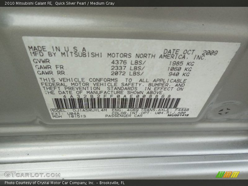 2010 Galant FE Quick Silver Pearl Color Code U04A