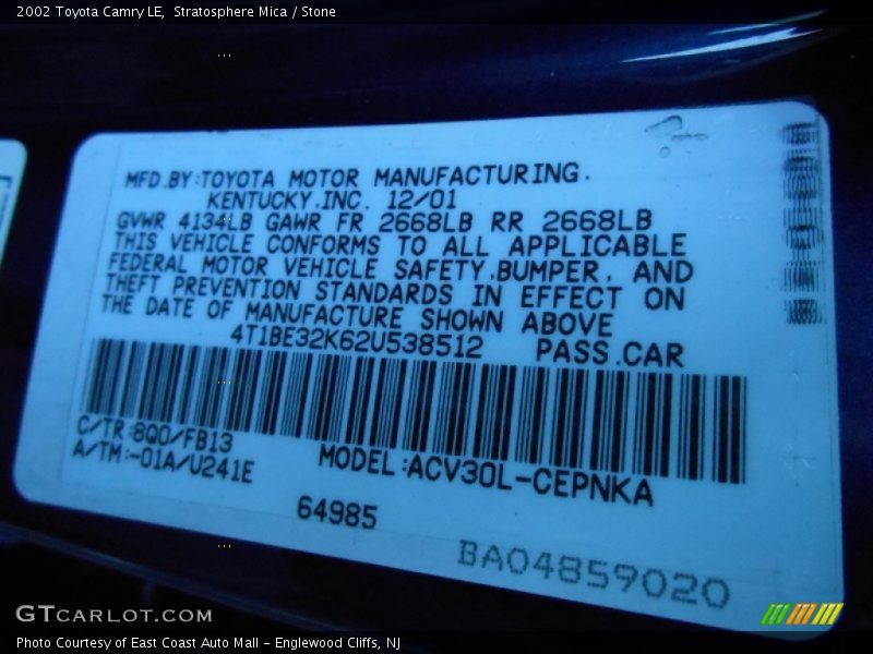2002 Camry LE Stratosphere Mica Color Code 8Q0
