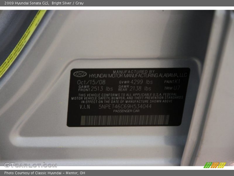 Bright Silver / Gray 2009 Hyundai Sonata GLS