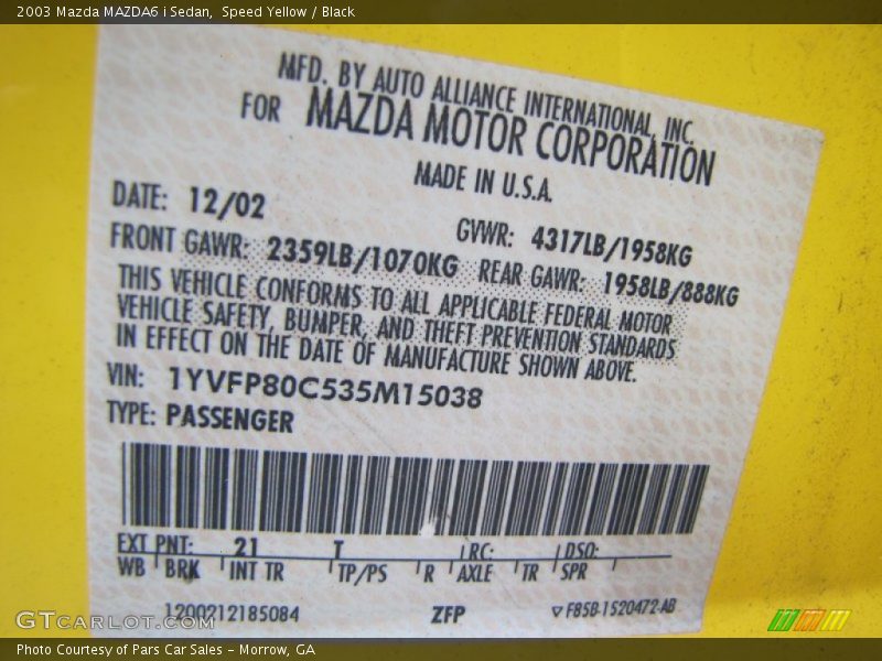 Speed Yellow / Black 2003 Mazda MAZDA6 i Sedan