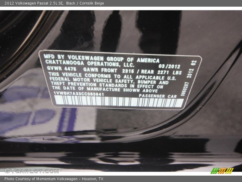 Black / Cornsilk Beige 2012 Volkswagen Passat 2.5L SE