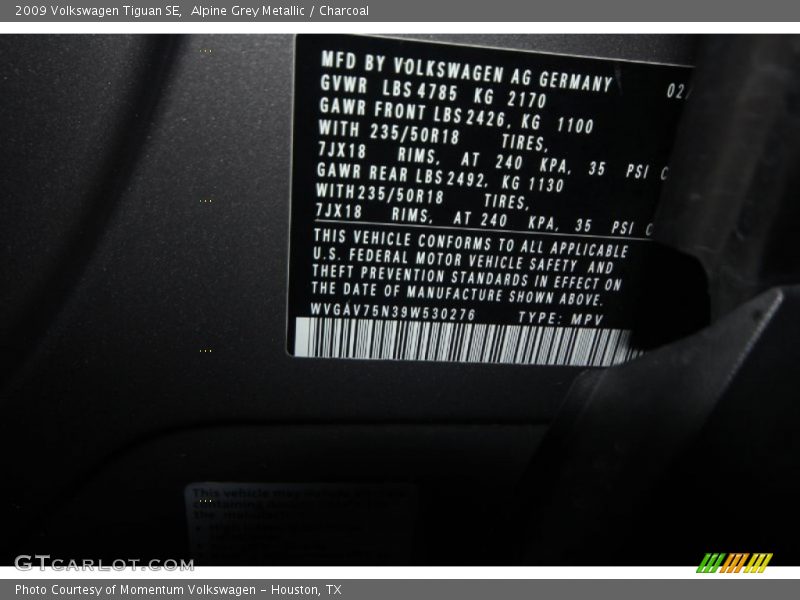Alpine Grey Metallic / Charcoal 2009 Volkswagen Tiguan SE