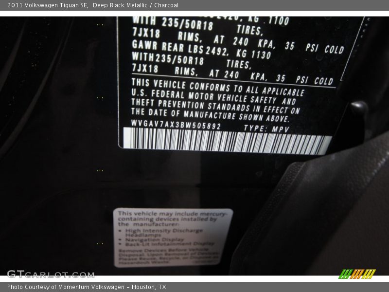 Deep Black Metallic / Charcoal 2011 Volkswagen Tiguan SE