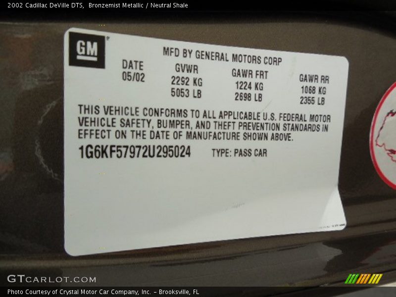 Info Tag of 2002 DeVille DTS