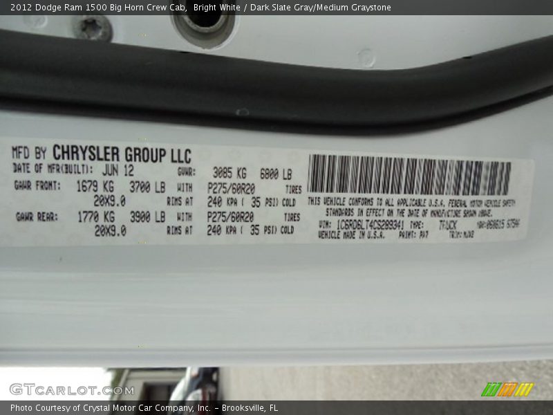 Bright White / Dark Slate Gray/Medium Graystone 2012 Dodge Ram 1500 Big Horn Crew Cab