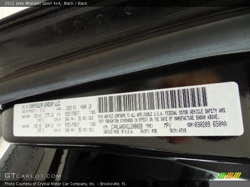 Black / Black 2012 Jeep Wrangler Sport 4x4