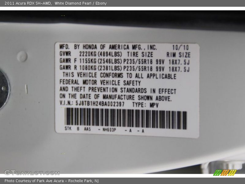 White Diamond Pearl / Ebony 2011 Acura RDX SH-AWD