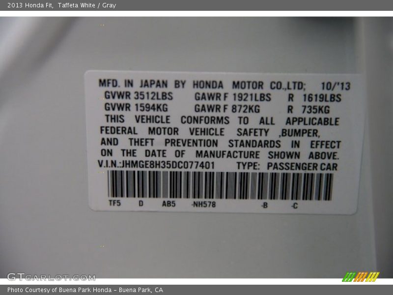 Taffeta White / Gray 2013 Honda Fit