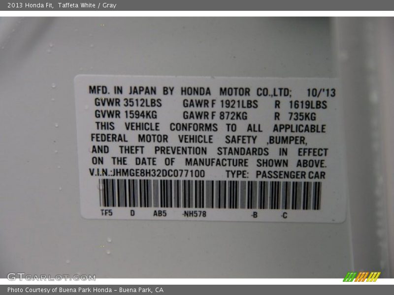 Taffeta White / Gray 2013 Honda Fit