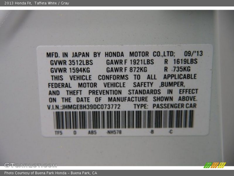 Taffeta White / Gray 2013 Honda Fit