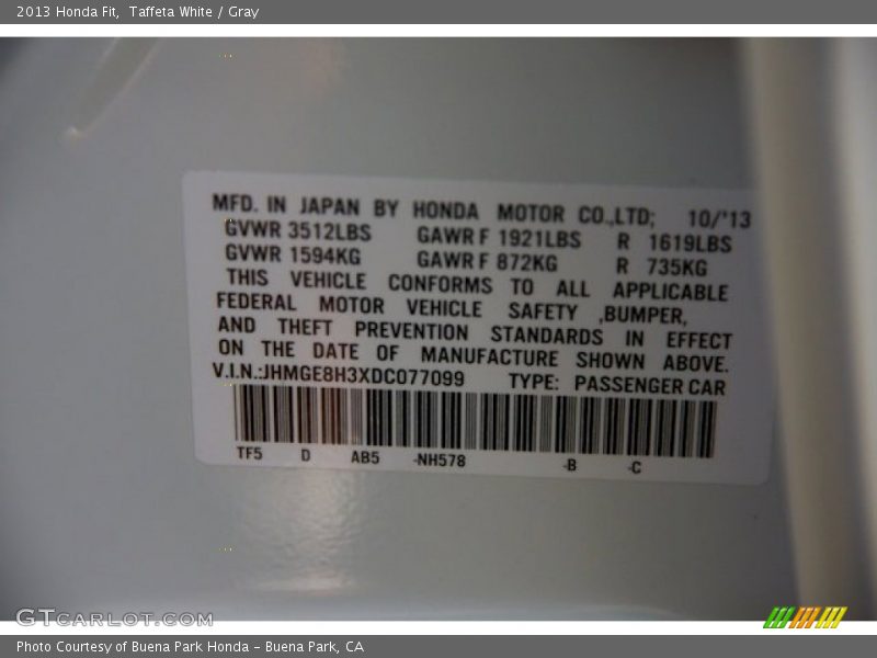 Taffeta White / Gray 2013 Honda Fit