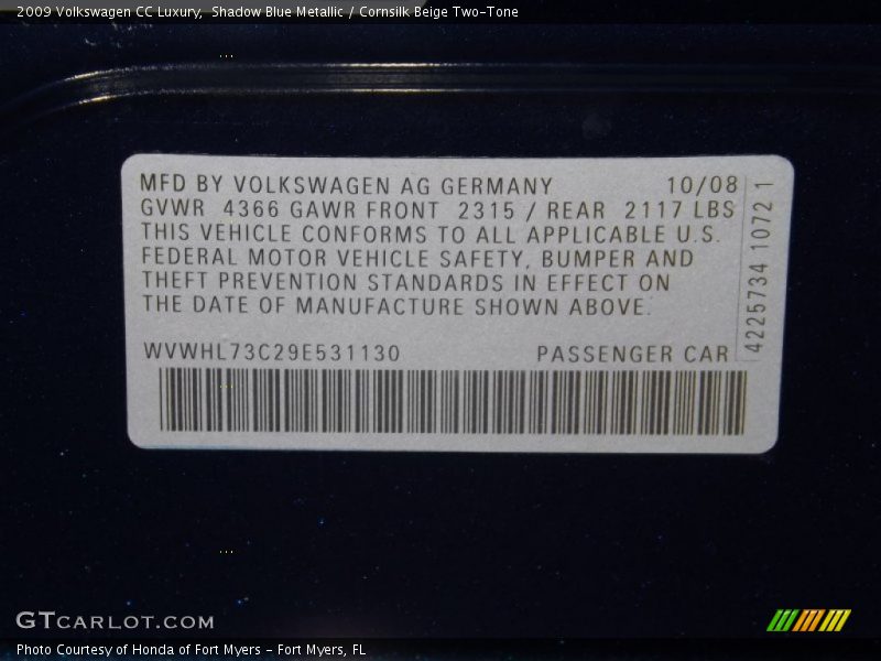 Shadow Blue Metallic / Cornsilk Beige Two-Tone 2009 Volkswagen CC Luxury