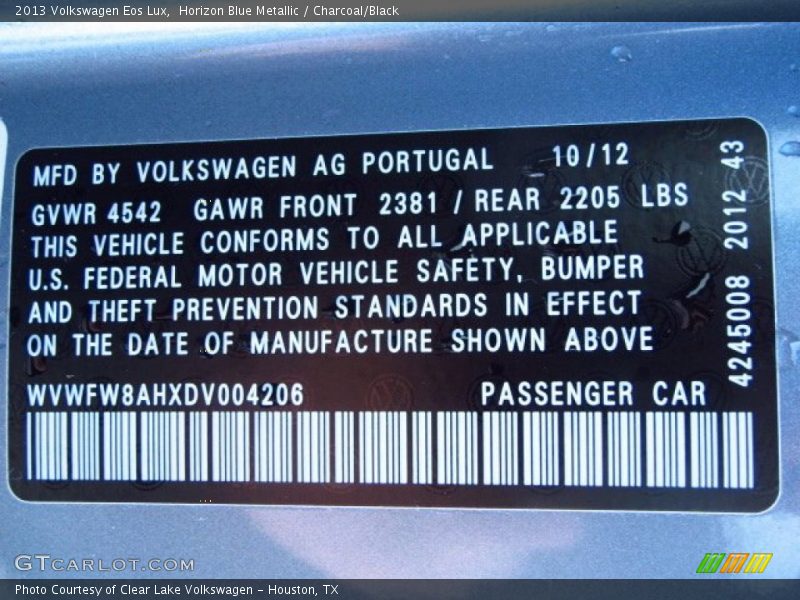 Horizon Blue Metallic / Charcoal/Black 2013 Volkswagen Eos Lux