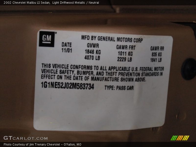 Info Tag of 2002 Malibu LS Sedan