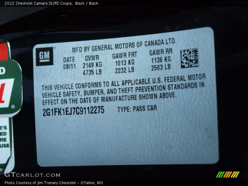 Black / Black 2012 Chevrolet Camaro SS/RS Coupe