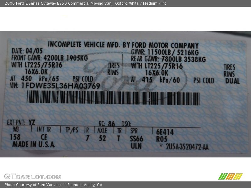 Oxford White / Medium Flint 2006 Ford E Series Cutaway E350 Commercial Moving Van