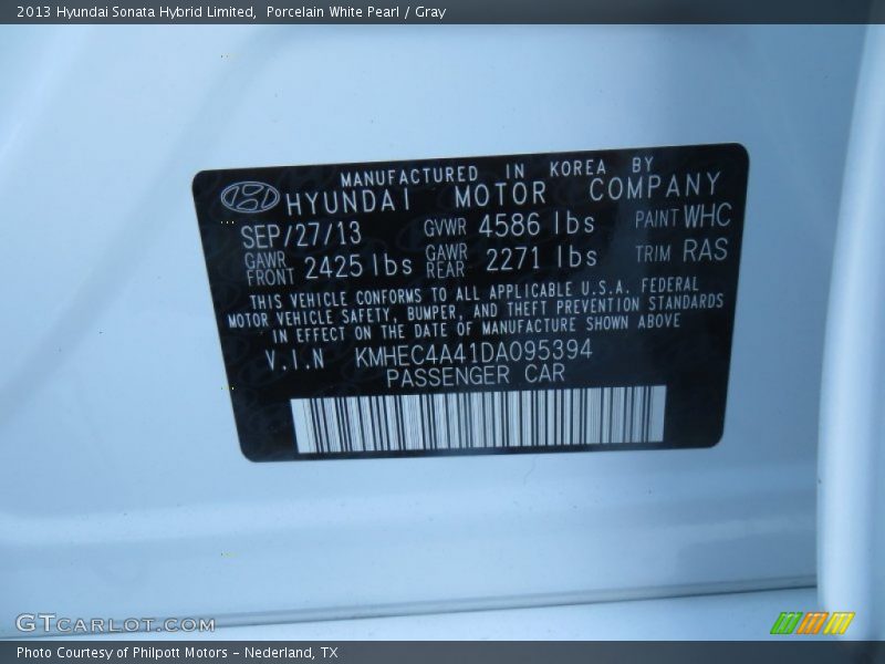 2013 Sonata Hybrid Limited Porcelain White Pearl Color Code WHC