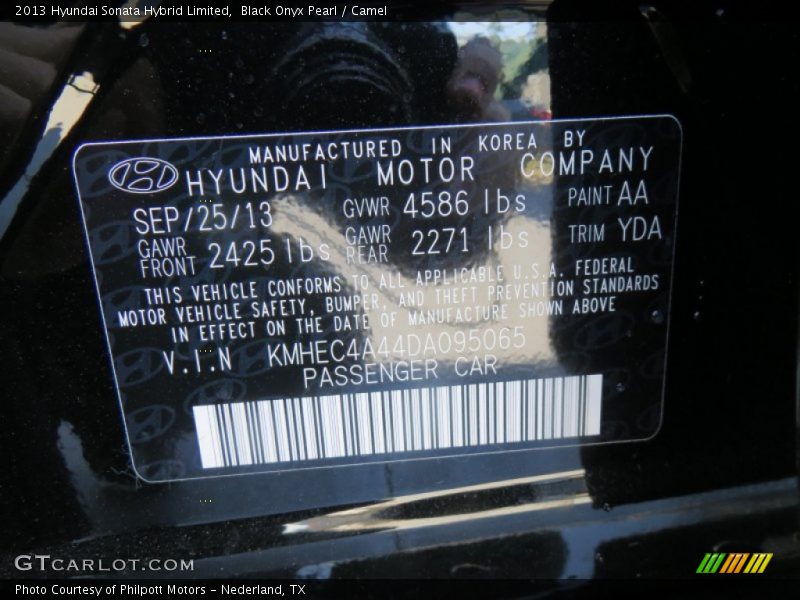 2013 Sonata Hybrid Limited Black Onyx Pearl Color Code AA