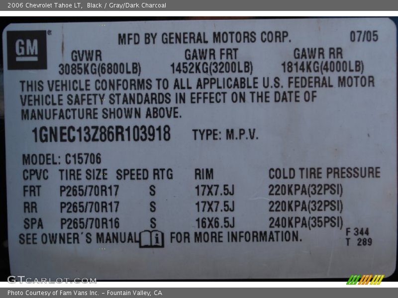 Black / Gray/Dark Charcoal 2006 Chevrolet Tahoe LT