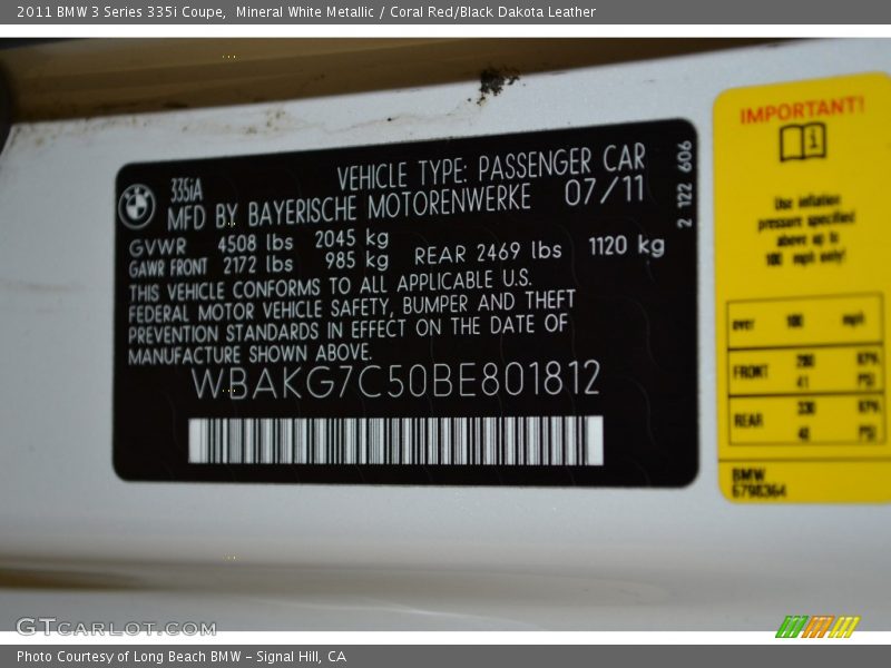 Mineral White Metallic / Coral Red/Black Dakota Leather 2011 BMW 3 Series 335i Coupe