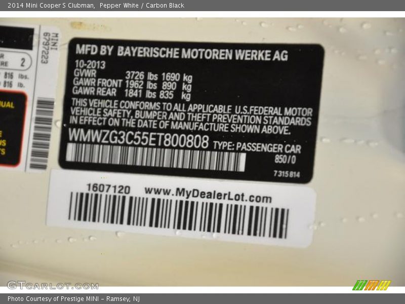 2014 Cooper S Clubman Pepper White Color Code 850