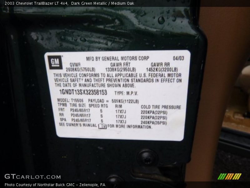 Dark Green Metallic / Medium Oak 2003 Chevrolet TrailBlazer LT 4x4