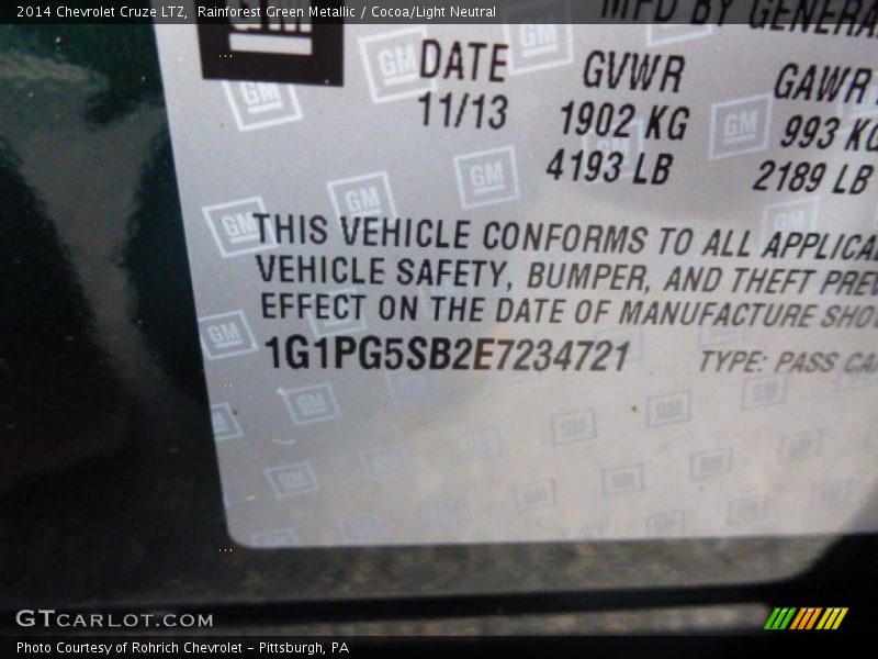 Rainforest Green Metallic / Cocoa/Light Neutral 2014 Chevrolet Cruze LTZ