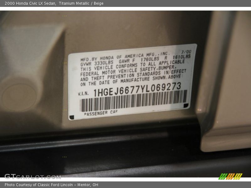 Titanium Metallic / Beige 2000 Honda Civic LX Sedan