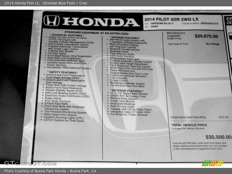 Obsidian Blue Pearl / Gray 2014 Honda Pilot LX