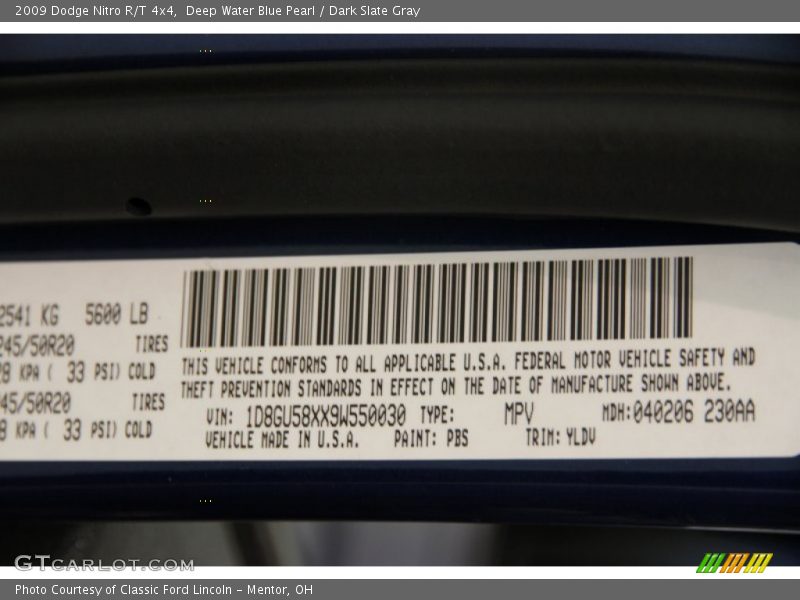 2009 Nitro R/T 4x4 Deep Water Blue Pearl Color Code PBS