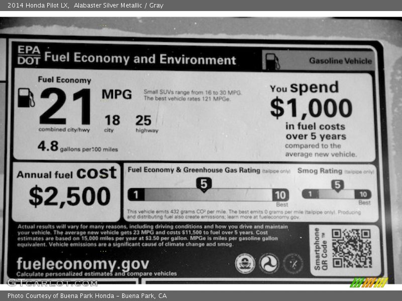 Alabaster Silver Metallic / Gray 2014 Honda Pilot LX