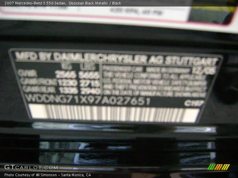 Obsidian Black Metallic / Black 2007 Mercedes-Benz S 550 Sedan