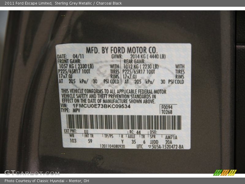Sterling Grey Metallic / Charcoal Black 2011 Ford Escape Limited