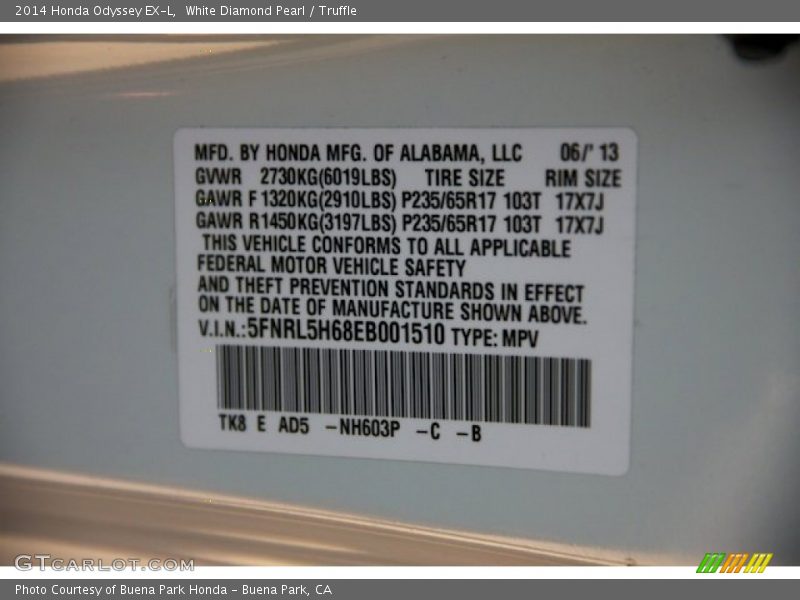 White Diamond Pearl / Truffle 2014 Honda Odyssey EX-L