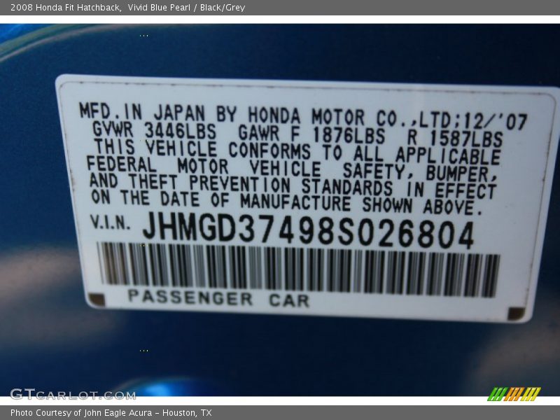 Vivid Blue Pearl / Black/Grey 2008 Honda Fit Hatchback