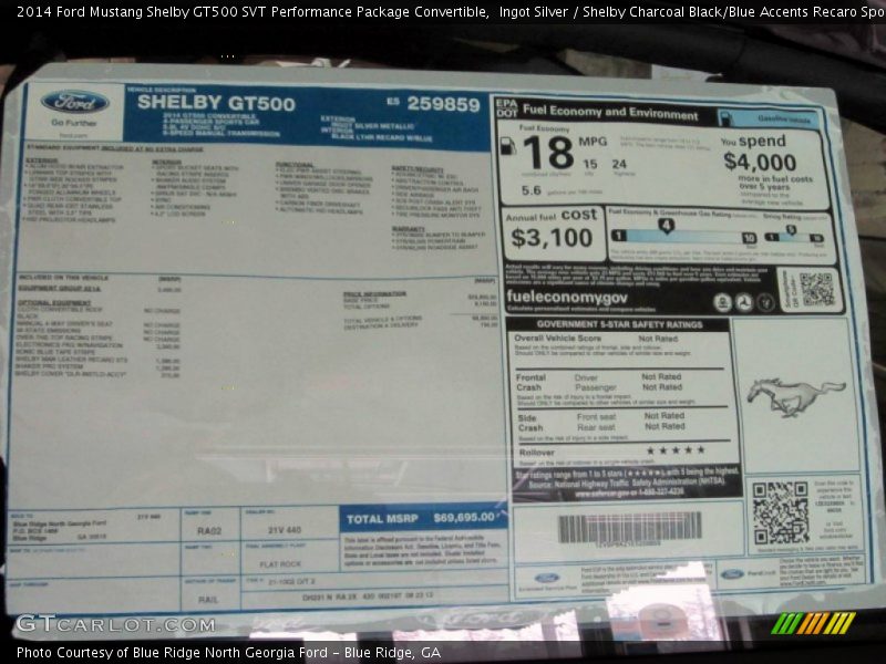  2014 Mustang Shelby GT500 SVT Performance Package Convertible Window Sticker