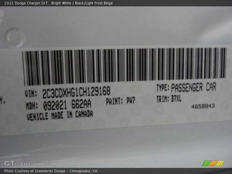 Bright White / Black/Light Frost Beige 2012 Dodge Charger SXT