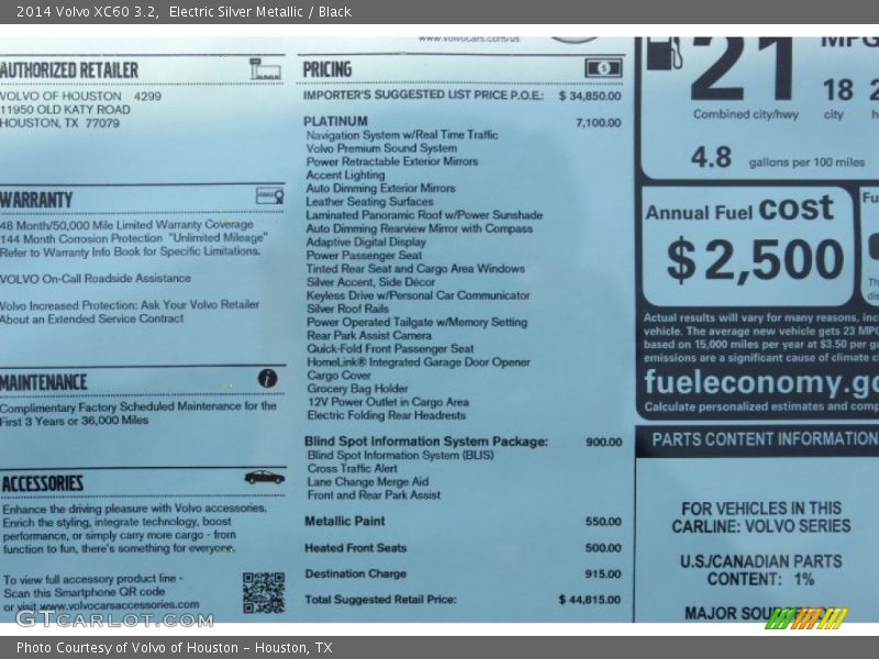 Electric Silver Metallic / Black 2014 Volvo XC60 3.2