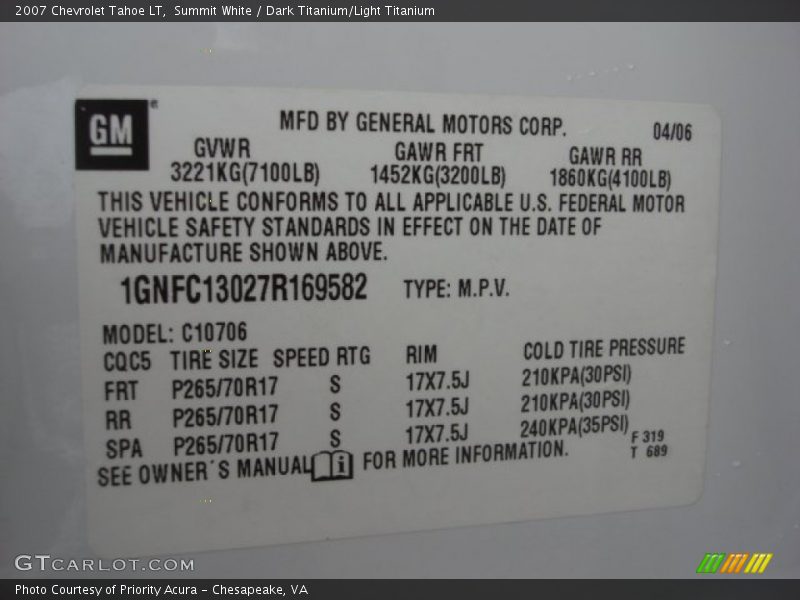 Summit White / Dark Titanium/Light Titanium 2007 Chevrolet Tahoe LT