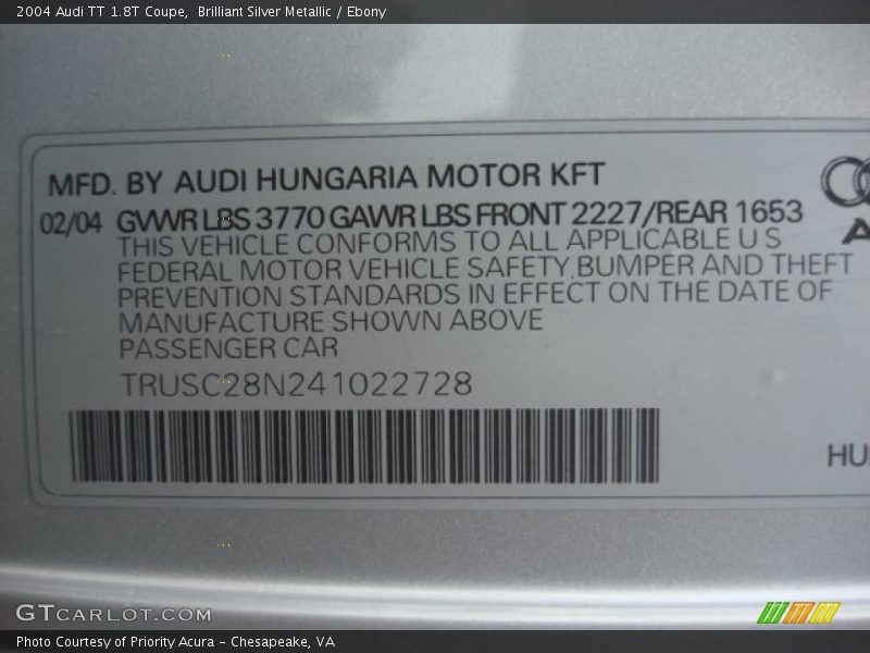Info Tag of 2004 TT 1.8T Coupe