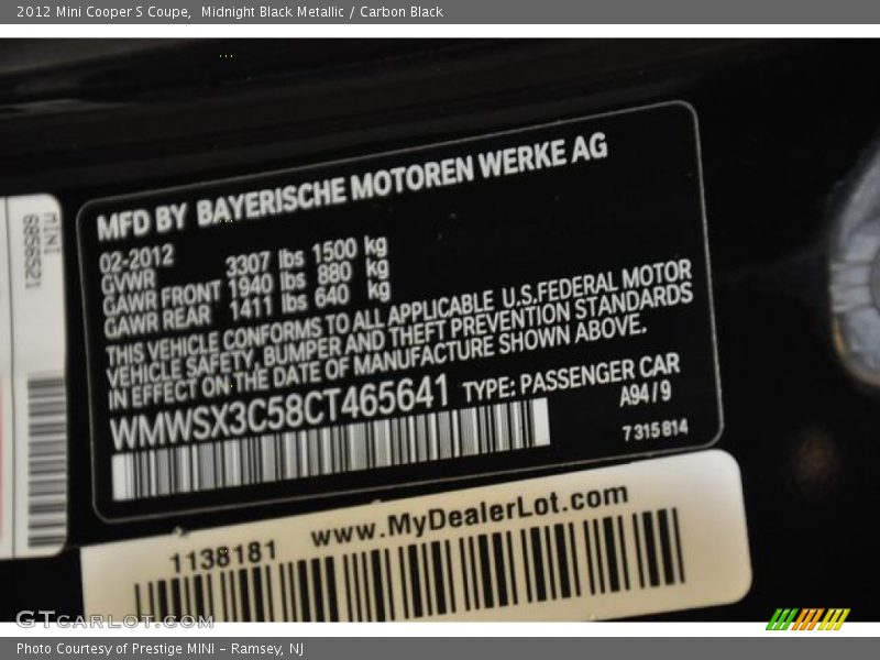 Midnight Black Metallic / Carbon Black 2012 Mini Cooper S Coupe