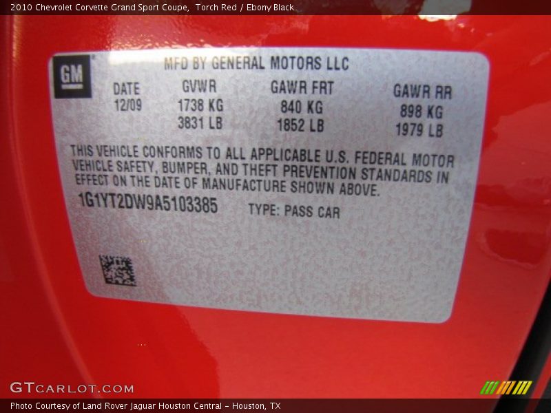 Info Tag of 2010 Corvette Grand Sport Coupe