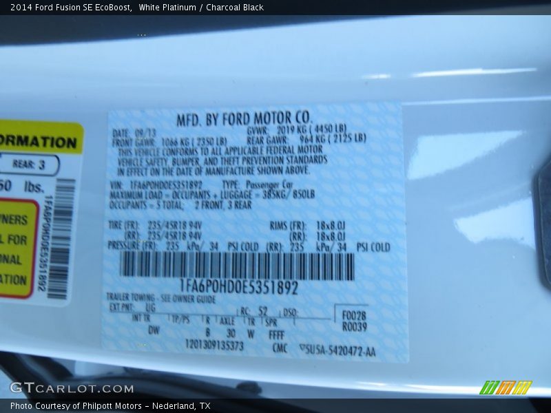 White Platinum / Charcoal Black 2014 Ford Fusion SE EcoBoost