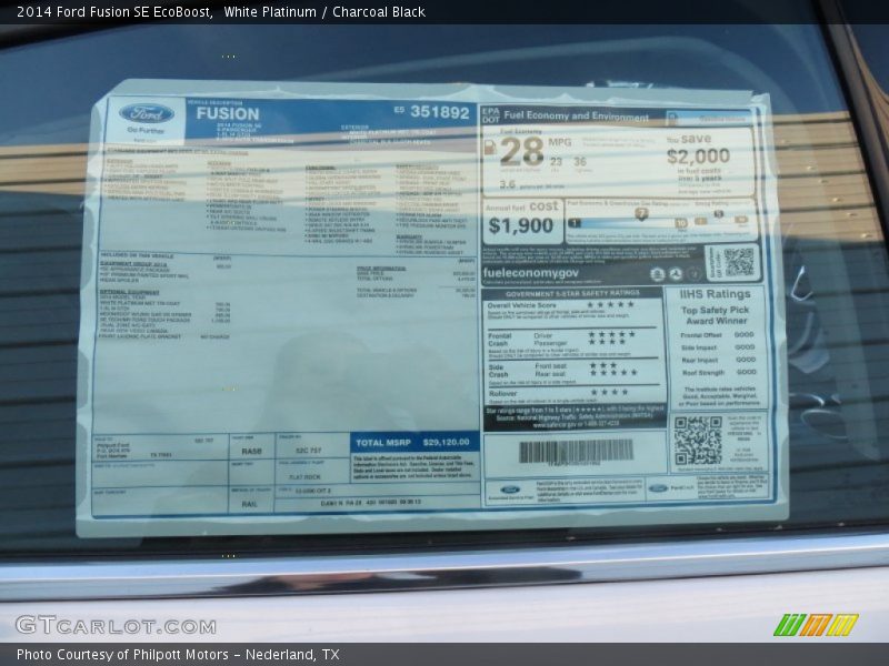White Platinum / Charcoal Black 2014 Ford Fusion SE EcoBoost